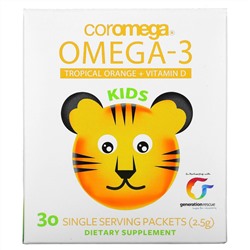 Coromega, Kids, Omega-3, тропический апельсин + витамин D, 30 одноразовых пакетиков (2,5 г)
