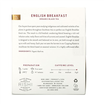 Rishi Tea, Organic Black Tea, English Breakfast, 15 Tea Bags 1.69 oz (48 g)