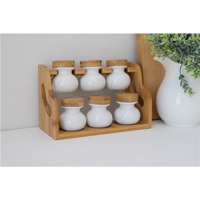 Набор для специй BellaTenero, 50 мл, набор 7 шт., на бамбуковой подставке, фарфор, белый