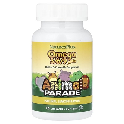 Nature's Plus, Source of Life, Animal Parade, омега 3/6/9 юниор, со вкусом натурального лимона, 90 капсул