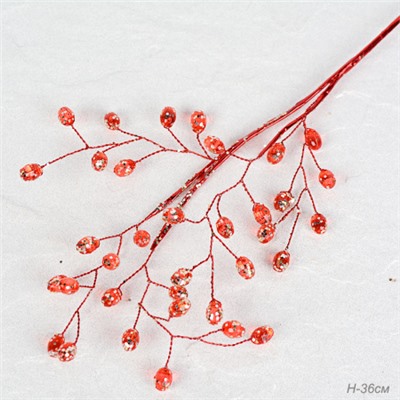 Ветка декоративная стеклярус 36 см / SA22784/1 /уп 200/600/красная ветка красные кристаллы