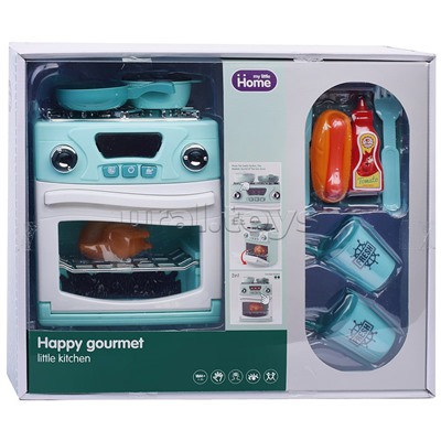 Бытовая техника "Кухонная плита" с набором посуды и продуктов, бирюзовый, (свет, звук) в коробке