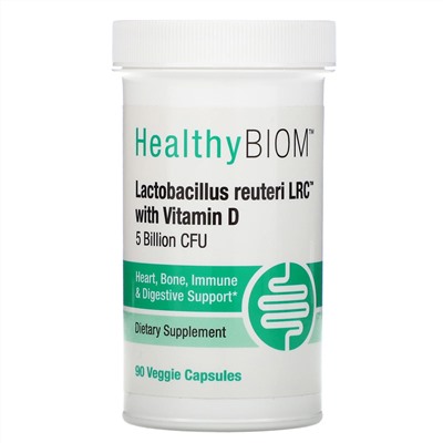 HealthyBiom, Lactobacillus Reuteri LRC с витамином D, 5 млрд КОЕ, 90 растительных капсул