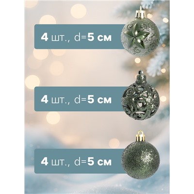 Ёлочные игрушки «Торжество», шары новогодние, d=5 см, 12 шт., зелёный