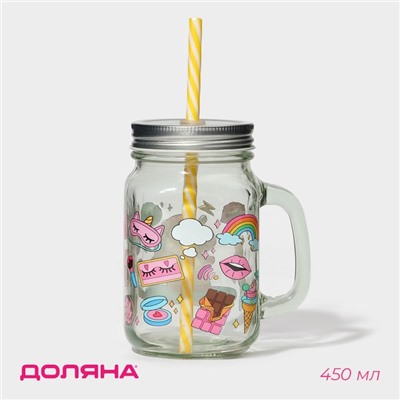 Кружка Доляна «Единорог», 450 мл, 10×7.5×13 см, стекло, с крышкой и трубочкой