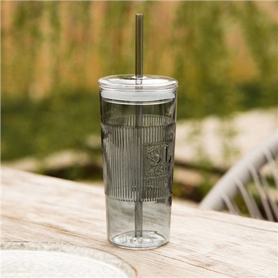 Стакан SL Home «Идиллия», 650 мл, 8.5×24 см, стекло, с трубочкой, зелёный