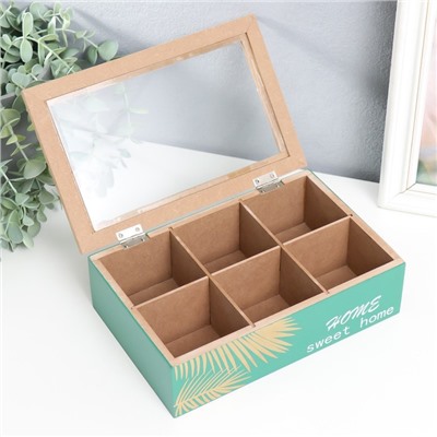 Шкатулка для чая с делениями «Пальмовые листья», дерево, зелёная с золотом, 7×16.5×24 см