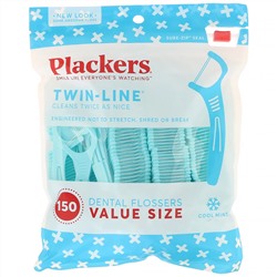 Plackers, Twin-Line, зубочистки с нитью, экономичная упаковка, морозная мята, 150 шт.