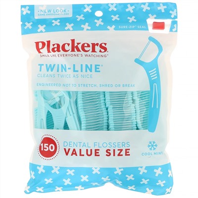 Plackers, Twin-Line, зубочистки с нитью, экономичная упаковка, морозная мята, 150 шт.