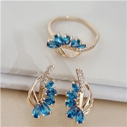 Комплект ювелирной бижутерии коллекция "Дубай" серьги и кольцо 17 р, покрытие позолота, вставка: фианиты и цирконы, цвет: голубой и прозрачный, арт.215.751-17