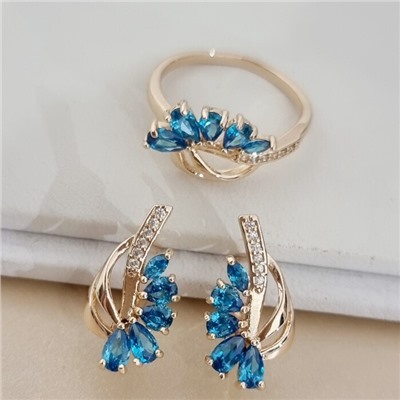 Комплект ювелирной бижутерии коллекция "Дубай" серьги и кольцо 17 р, покрытие позолота, вставка: фианиты и цирконы, цвет: голубой и прозрачный, арт.215.751-17