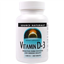 Source Naturals, витамин D-3, 1000 МЕ, 200 таблеток
