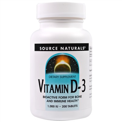 Source Naturals, витамин D-3, 1000 МЕ, 200 таблеток