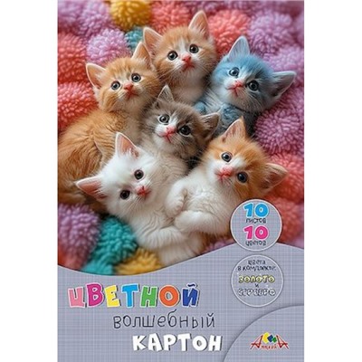Набор цветного картона А4 10л 10цв  волшебного "Котята" С0010-48 АппликА