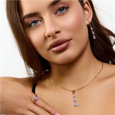 Комплект ювелирной бижутерии коллекция "Дубай" серьги, кулон и кольцо 20 р, покрытие позолота, вставка: фианиты, цвет: голубой, арт.414.308-20