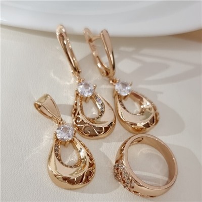 Комплект ювелирной бижутерии коллекция "Дубай" серьги, кулон и кольцо 18 р, покрытие позолота, вставка: фианиты и цирконы, цвет: прозрачный, арт.217.484-18