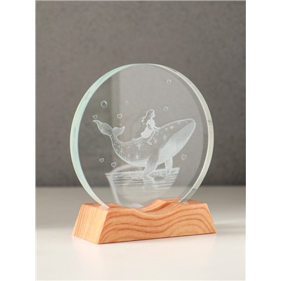 Световая фигурка стекло «Диск. Голограмма: Девочка и кит», 5×LED, d=10 см, USB, 10×4×11.4 см
