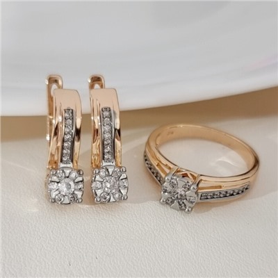 Комплект ювелирной бижутерии коллекция "Дубай" серьги и кольцо 17 р, покрытие позолота, вставка: фианиты и цирконы, цвет: прозрачный, арт.215.692-17