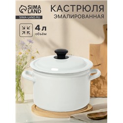 Кастрюля эмалированная, 4 л, d=21.3 см, с крышкой, цилиндрическая, без декора, белая