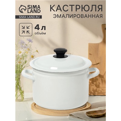Кастрюля эмалированная, 4 л, d=21.3 см, с крышкой, цилиндрическая, без декора, белая