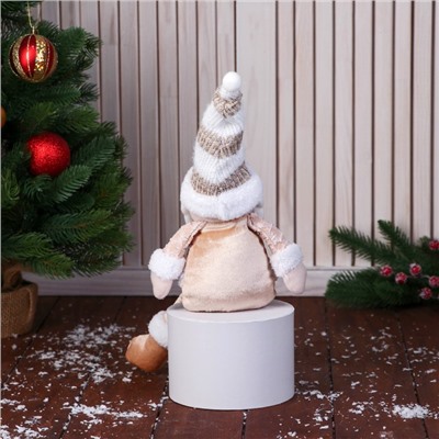 Игрушка мягкая «Дед Мороз в полосатом колпаке, с ремешком» 14×43 см, золотистая