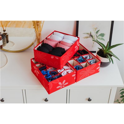 Набор органайзеров для хранения белья «Листочки», 3 шт., 32×24×12 см, цвет красный