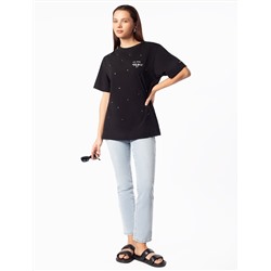 Удлиненная футболка over-size с  принтом стразами