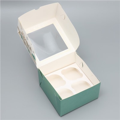 Коробка складная на 4 капкейка с окном «Новогодних чудес», 16×16×10 см