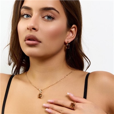 Комплект ювелирной бижутерии коллекция "Дубай" серьги, кулон и кольцо 18 р, покрытие позолота, вставка: стекло, цвет: коричневый, арт.414.321-18