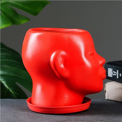 Декоративный горшок для цветов «Голова», 1.3 л, 16×16×14 см, керамический, с поддоном, красный