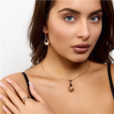 Комплект ювелирной бижутерии коллекция "Дубай" серьги, кулон и кольцо 18 р, покрытие позолота, вставка: фианиты и цирконы, цвет: черный и прозрачный, арт.217.483-18