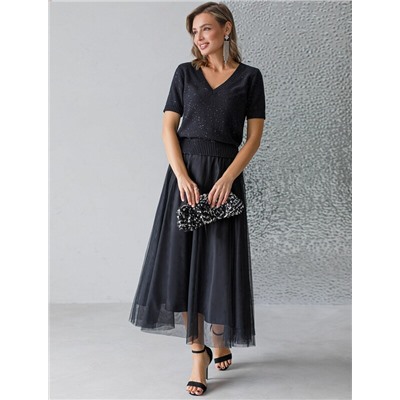 Джемпер с V вырезом и коротким рукавом из хлопковой пряжи с пайетками