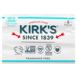 Kirk's, Gentle Castile Soap Bar, Fragrance Free, 3 Bars, 4.0 oz (113 g) Each