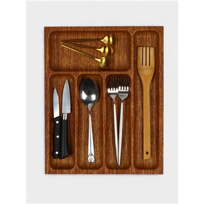 Лоток для столовых приборов в ящик BARONESS «Вуди», 36×29×5 см, 5 отделений, пластик, коричневый