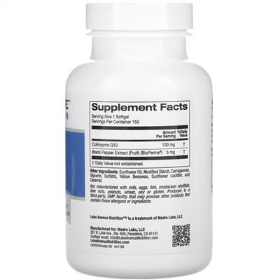 Lake Avenue Nutrition, коэнзим Q10, с BioPerine, 100 мг, 150 вегетарианских капсул