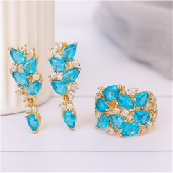 Комплект ювелирная бижутерия коллекция  "Дубай" серьги и кольцо 17 р, покрытие: позолота, вставка: фианиты, цвет: голубой и прозрачный, арт.313.041-17
