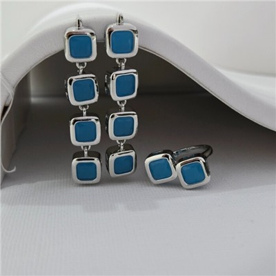 Комплект ювелирной бижутерии серьги и кольцо 18 р, покрытие посеребрение, вставка: фианиты, цвет: голубой матовый, арт.313.265-18