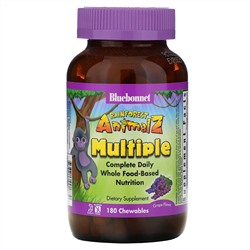 Bluebonnet Nutrition, Rainforest Animalz, мультивитамин на основе цельных продуктов, натуральный ароматизатор со вкусом винограда, 180 жевательных таблеток в форме животных
