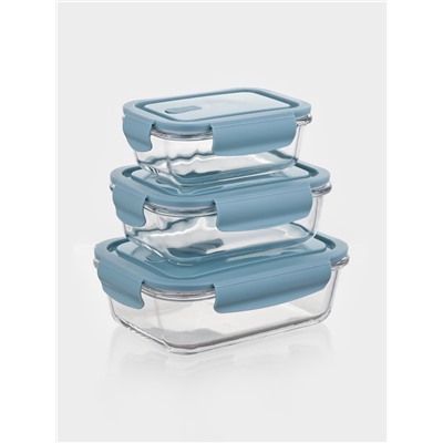 Набор контейнеров, 3 шт.: 410/690/1040 мл, стекло, прозрачный, синяя крышка