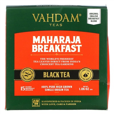 Vahdam Teas, магараджа, черный чай для завтрака, 15 чайных пакетиков, 30 г (1,06 унции)