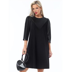 Платье черное с рукавами и кокеткой из экокожи