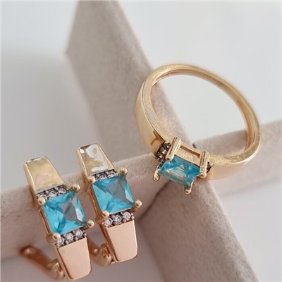 Комплект ювелирная бижутерия коллекция  "Дубай" серьги и кольцо 17 р, покрытие: позолота, вставка: фианиты, цвет: небесно-голубой и прозрачный, арт.217.295-17
