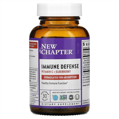 New Chapter, Immune Defense, Vitamin C + Elderberry, 30 Vegetarian Tablets