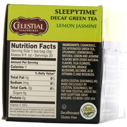 Celestial Seasonings, Sleepytime зеленый чай, лимон и жасмин, без кофеина, 20 чайных пакетиков, 31 г