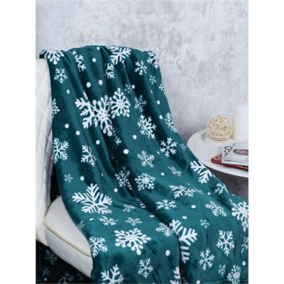 Плед флисовый 150х200 см Снежинки на зеленом фоне / GP611-14 /уп 20/100/745283 новогодний