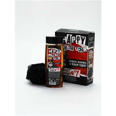 УЦЕНКА Набор Happy New Year, гель для душа 250 мл и мочалка, аромат мужского парфюма