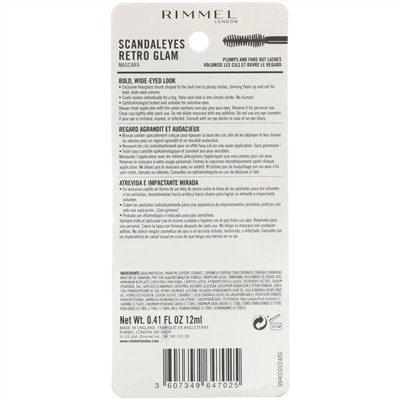 Rimmel London, Тушь для ресниц Scandaleyes Retro Glam, 003 угольно-черная, 12 мл