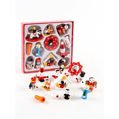 Ёлочные игрушки в подарочной коробке, деревянные, набор 12 шт.