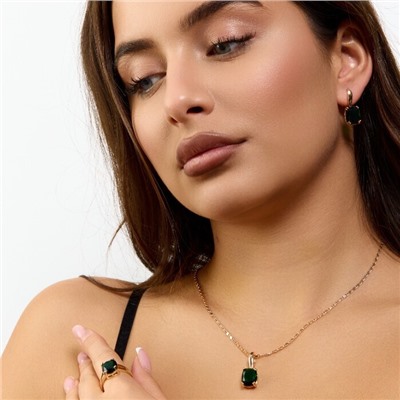 Комплект ювелирной бижутерии коллекция "Дубай" серьги, кулон и кольцо 19 р, покрытие позолота, вставка: стекло, цвет: изумрудный, арт.414.319-19