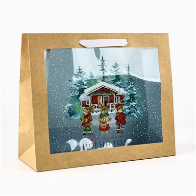 Пакет подарочный новогодний крафтовый с пластиковым окном «Новый год», 31×26×11 см